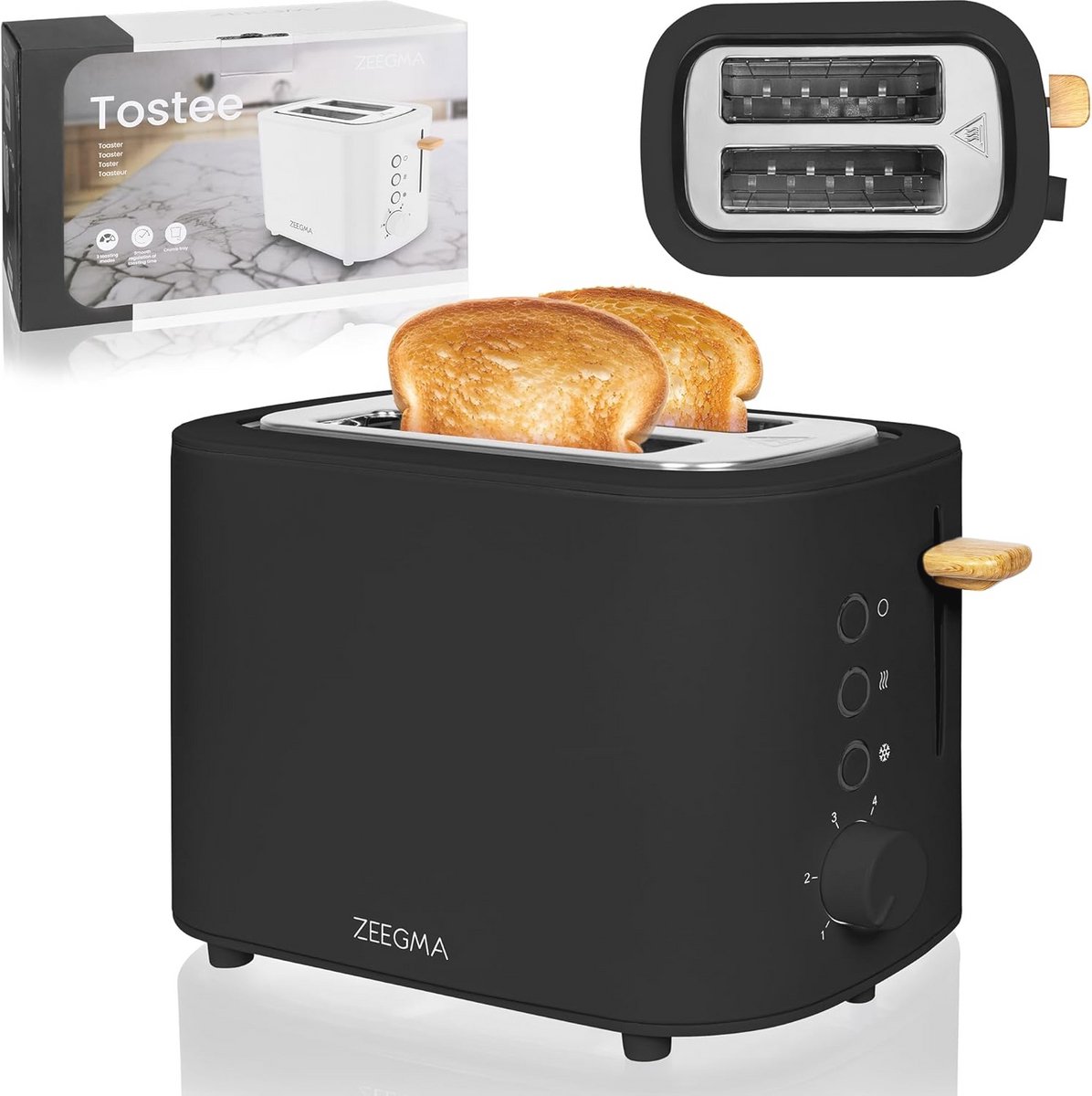 Broodrooster 820W voor 2 Sneetjes met Ontdooien en Opwarmen - Verstelbare Bruining, RVS, Kruimellade, Breed Sleufontwerp
