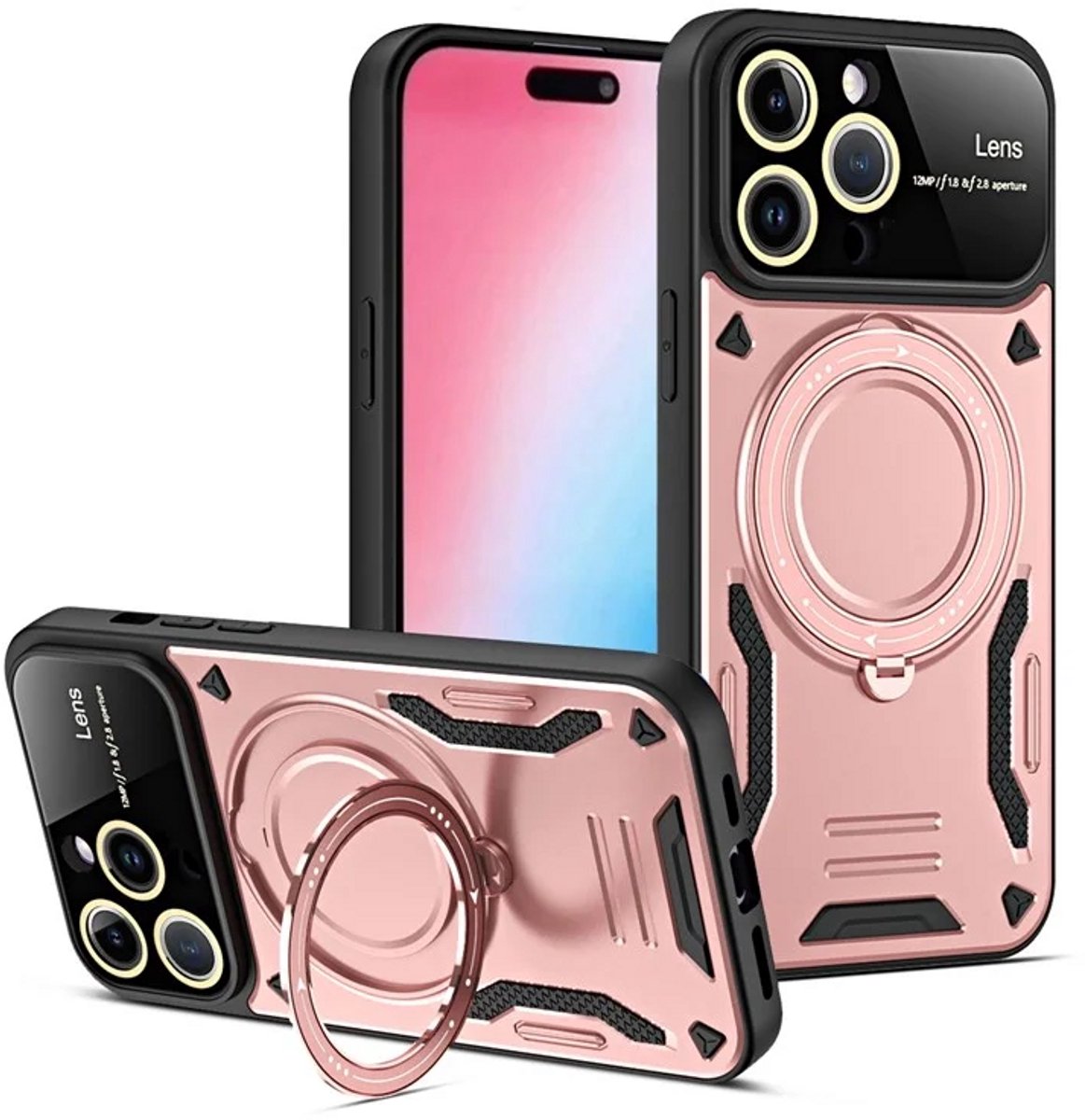 Cityhoesje - iPhone 15 Pro - Magnetic - Ring Holder Kickstand - Protective - Backcase - Roségoud
