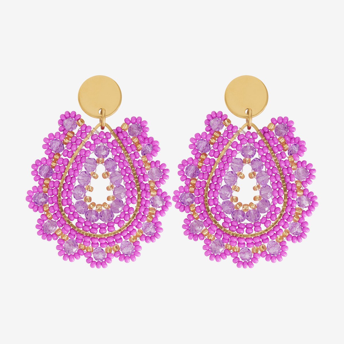 Eleganza Pink And Purple Beads Earrings Gold