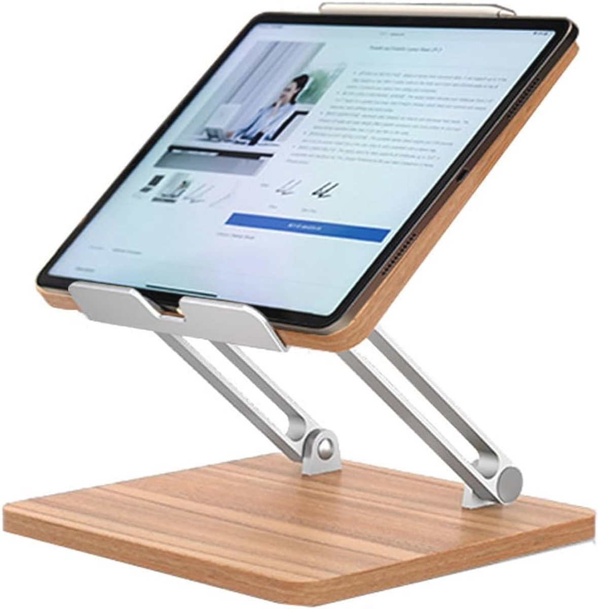 Inklapbare en Verstelbare Tabletstandaard - Houtnerf en Aluminium, Geschikt voor iPad en E-reader 23,5 x 22 cm