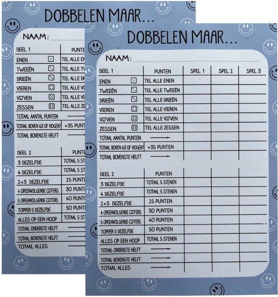 Gedessineerd scoreblok met smiley-gezichtjes, 'DOBBELEN MAAR...' opschrift, voor het spel Yahtzee.