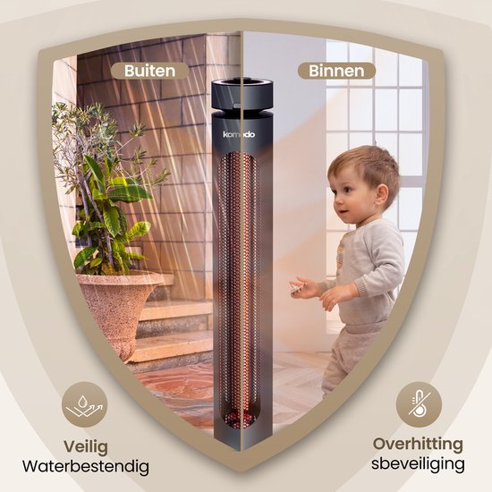 Een zwarte staande infrarood verwarming, veilig en waterbestendig voor buiten, en geschikt voor binnen met een kind.