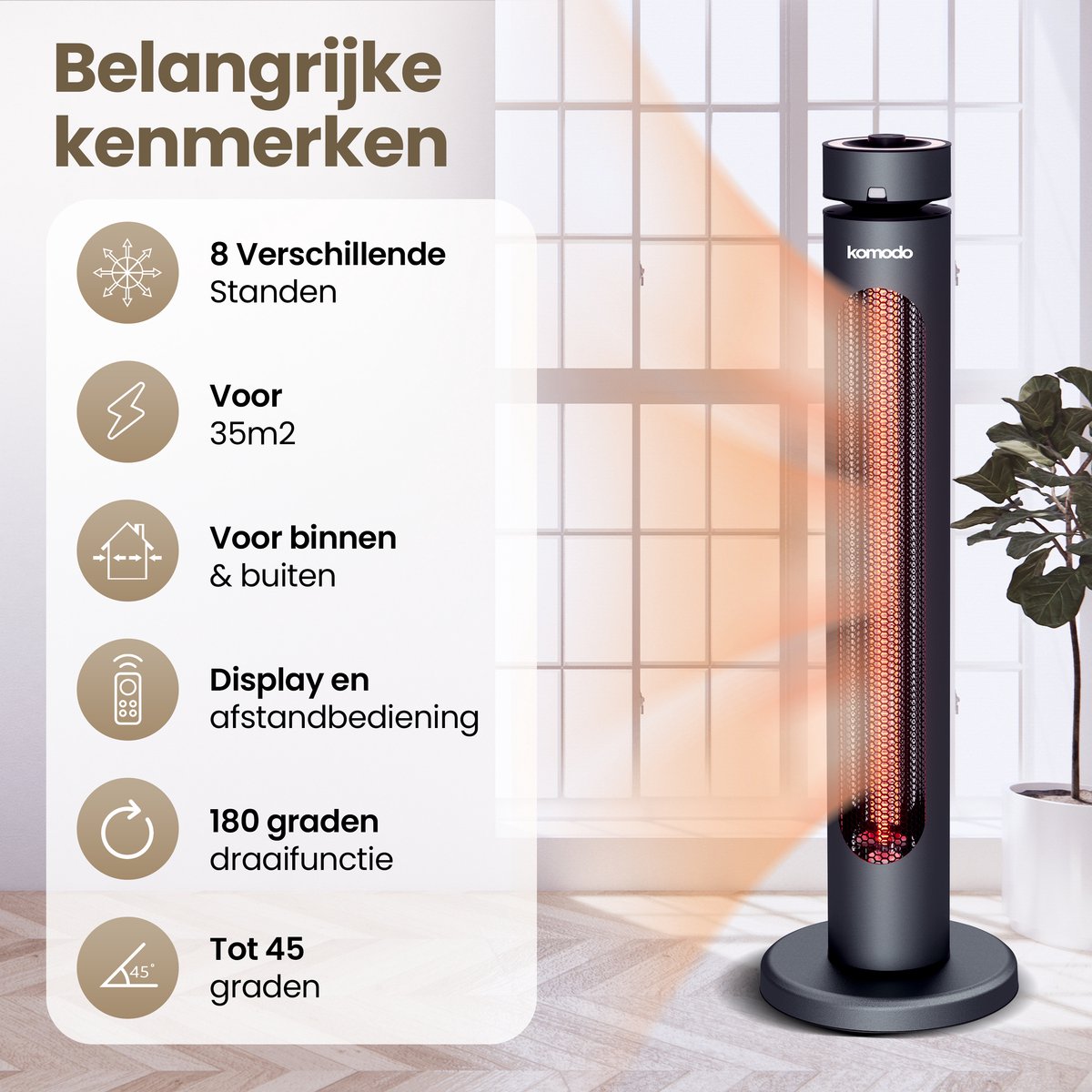Komodo Terrasverwarmers - Fuji 2000W - Infrarood kachel en Elektrische Kachel 8 Verschillende Standen - LED-display - Infrarood Verwarming - Afstandsbediening - Oscillatie - Zwart – foto 2
