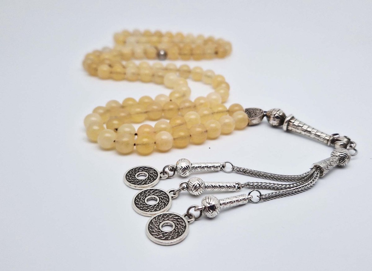 Handgemaakte tesbih "Tasbih" natuursteen " Calciet geel " - Aantal kralen 99 - Diameter kralen 8MM - met metaal tassel "Omarmen" - Een mooi cadeau-idee