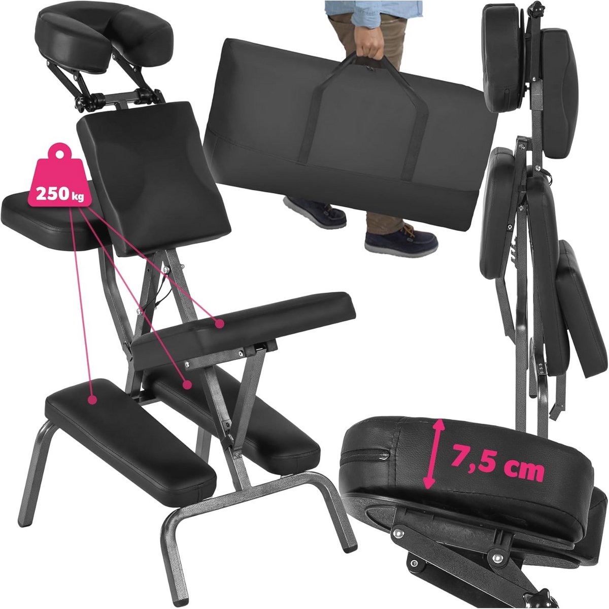 Opvouwbare Massagestoel voor Professioneel Gebruik - Ergonomische Behandelstoel Zonder Armsteunen - Mobiele Draagbare Stoel met Draagtas - Ideaal voor Massage, Tatoeage en Cosmetische Behandelingen