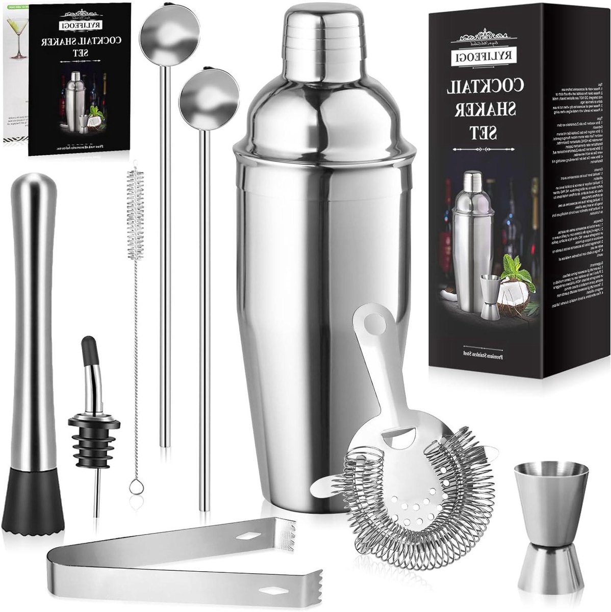 Cocktailshakerset - professionele barmanset - 10 stuks - roestvrij staal - 750 ml