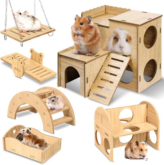 Foto: 6 delige cavia huisje hout cavia speelgoed diy hamsterkooi spullen hamster huisje knaagdier speeltjes