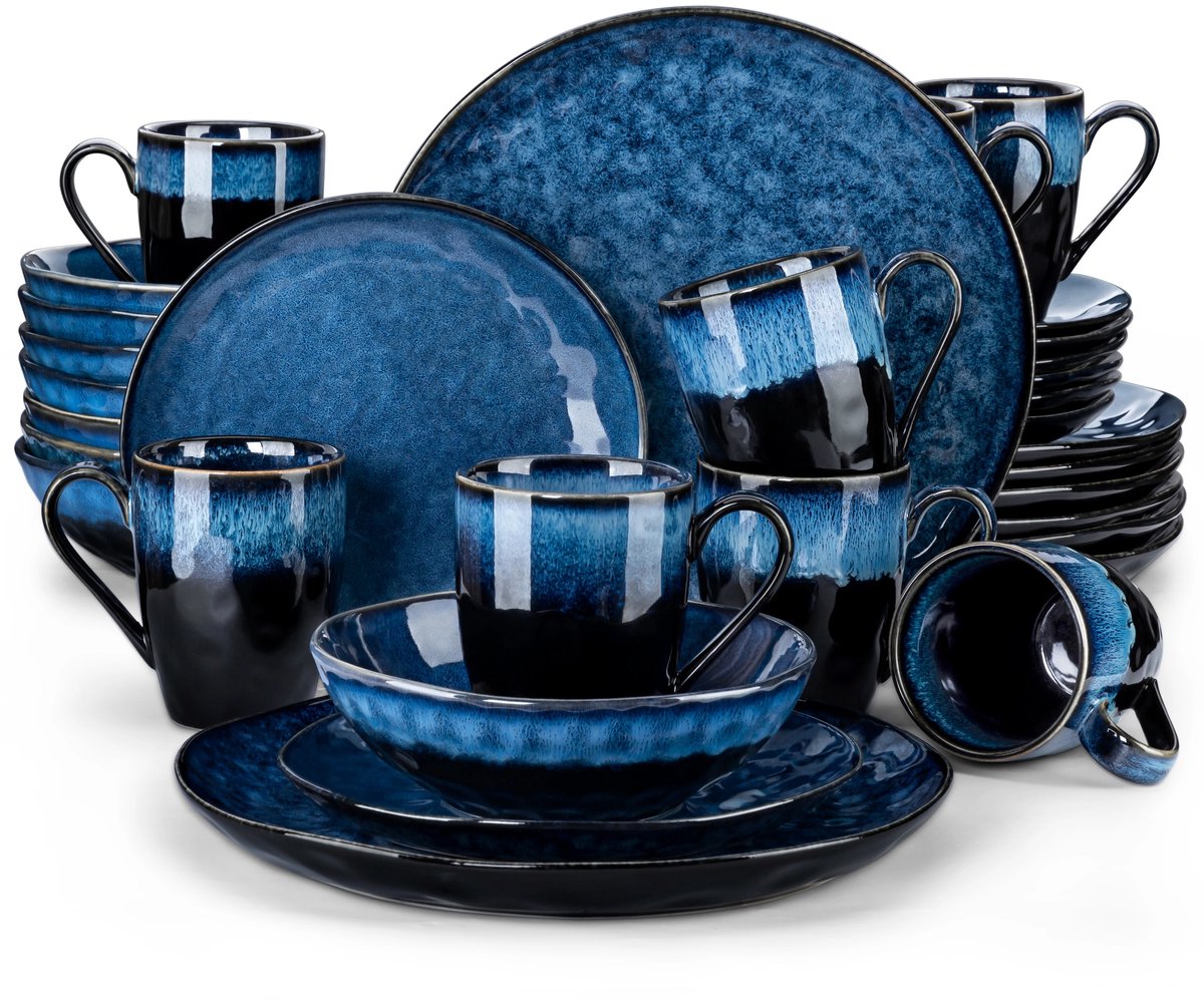 Serviesset - 8 Persoons Servies - Porselein - Diner- en Dessertborden, Kommen en Kopjes - 32-delige Set - Blauw