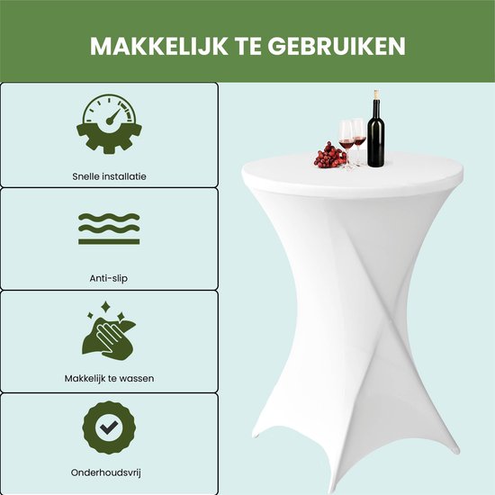 Witte statafelrok met gedraaide onderkant, 110 cm hoog, met iconen voor snelle installatie, anti-slip, makkelijk wassen en onderhoudsvrij.