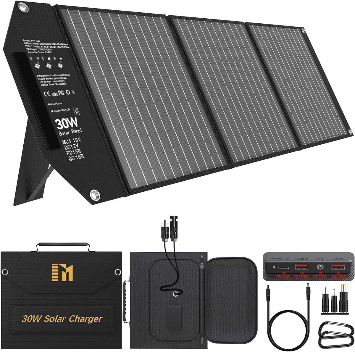 Draagbare 30W Zonnepaneel Oplader met 5 Poorten - QC 3.0 USB-A & USB-C, Opvouwbaar en Waterdicht voor Camping