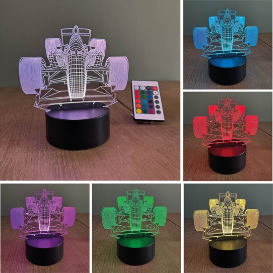 Klarigo® Nachtlamp – F1 - Design 2 - 3D LED Lamp Illusie – 16 Kleuren – Bureaulamp – F1 25 - Formule 1 Wagen - Max Verstappen - F1 - Racewagen - Sportauto – Nachtlampje Kinderen – Creative lamp - Afstandsbediening
