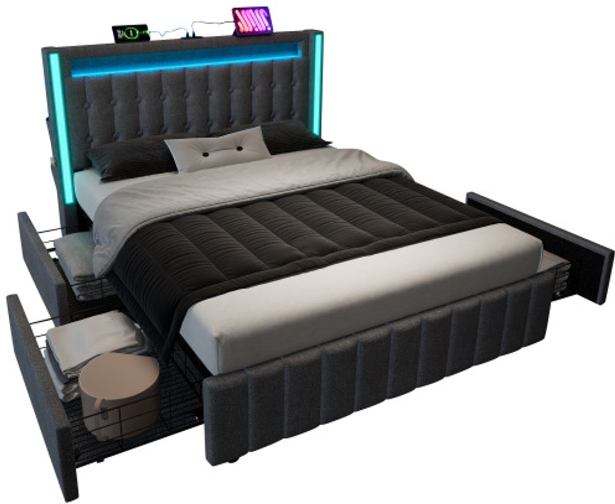 Gotagee Gestoffeerd bed USB Type C oplaadfunctie LED verlichting en 4 lades, jeugdbedden 140x200cm tweepersoonsbed opbergbedden bedframe, houten lattenbodem, grijs (zonder matras)