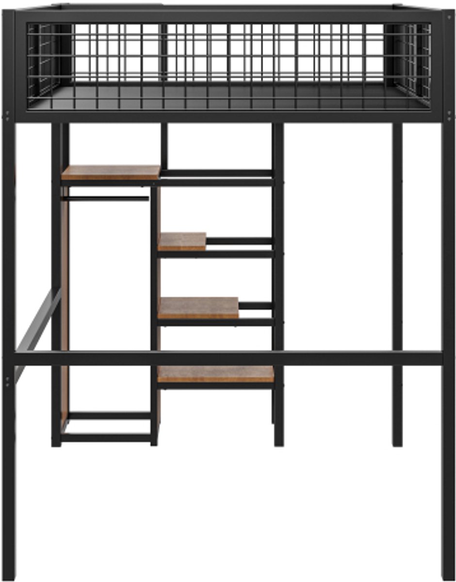 GOTAGEE Hoogslaper 140x200 met ladder, kinderbed met ijzeren frame en opbergplank, zwarte kledingkast(zonder matras)