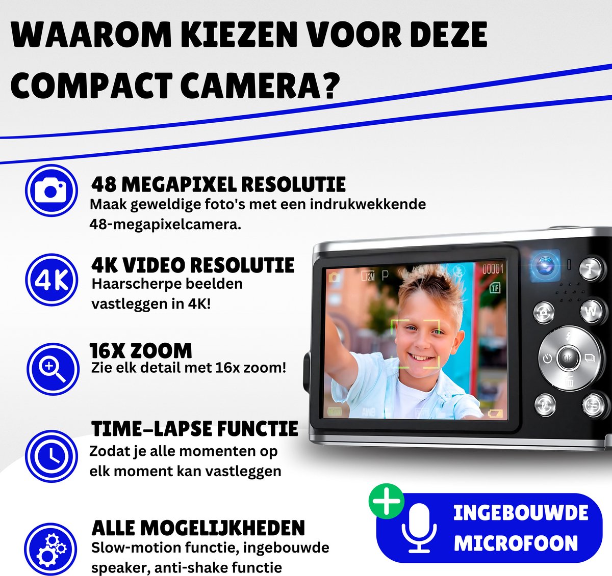 Appareil Photo Numérique Compact Ade 4K 48MP - Zoom Optique 5x, Écran Rabattable 3'', Carte 32GB Incluse - Idéal Débutants Et Voyage Capteur Sony IMX386 Vidéo UHD