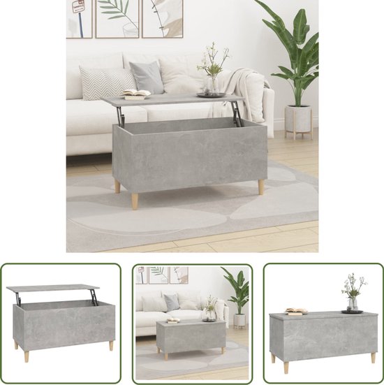 Drie afbeeldingen van een betongrijze salontafel in woonkamer en close-up.