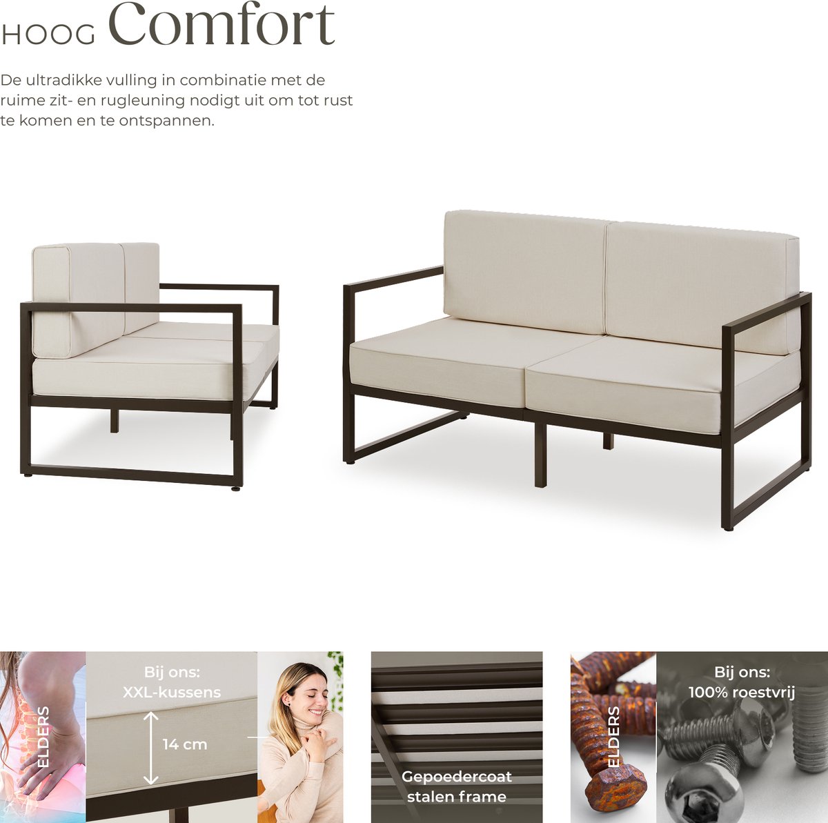 tectake® - Tuin-loungebank Comosa - Voor 2 personen - Tuinbank - 2-zits Loungesofa - Waterafstotende en ultradikke zit-en rugkussens - Draagkracht 125kg per zitplaats - Bruin/beige – foto 8