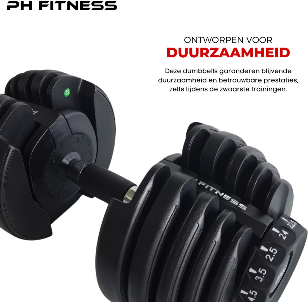 PH Fitness Verstelbare Dumbell 24KG Zwart - PRIJS PER STUK - Smart Dumbbells - Gewichtenset voor Home Gym - Adjustable Dumbbells van 2,5 kg tot 24kg - Complete Halterset van 15 Dumbbells in een! – foto 2