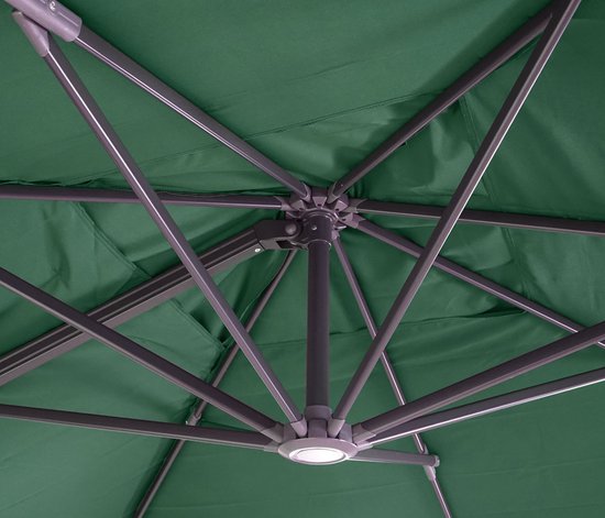 Onderkant van een donkergroene parasol met een grijs metalen frame en ingebouwd lichtpunt.