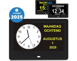 Dementieklok Analoog en Digitaal – Kalenderklok - klok met datum en dag – Alarmfunctie en Medicijnalarm - Alzheimer klok – seniorenklok – 7 Inch - Zwart