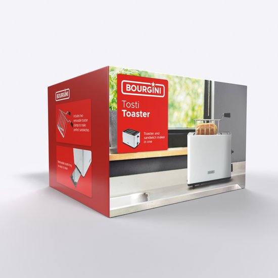 Bourgini Tosti Toaster - Broodrooster met Tostiklemmen - Wit - Extra brede sleuf geschikt voor 2 tosti's - Instelbare bruiningsstand en ontdooifunctie