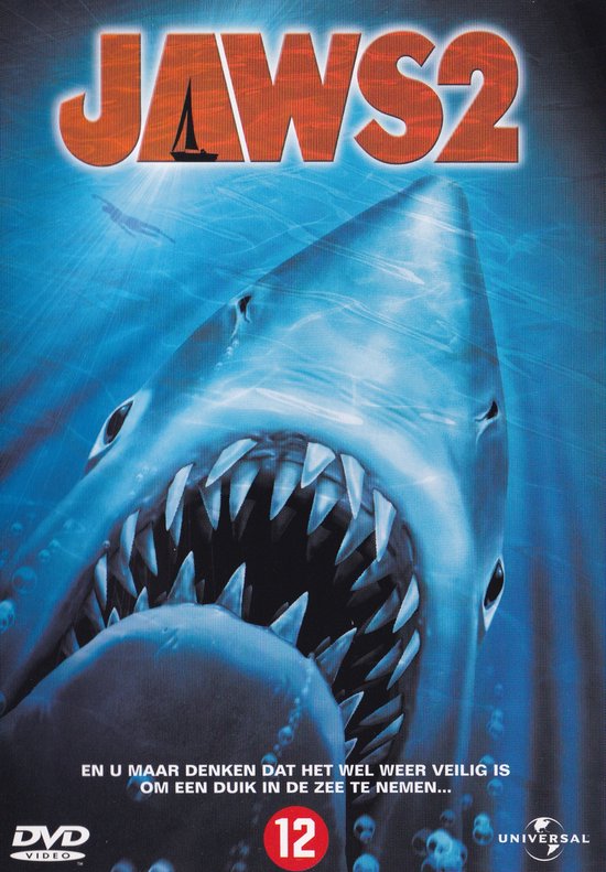 Jaws 2 dvd hoes met grote witte haai met bek open, Nederlandse tekst