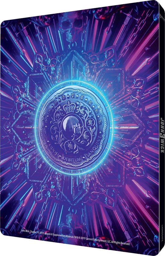Steelbook met een mandala-achtig ontwerp in blauw en paars, met een medaille in het midden.