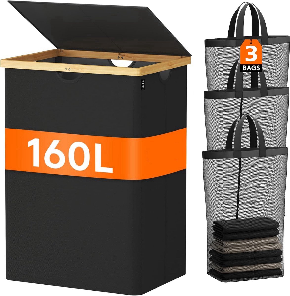 Goedkoopste BOTC Wasmand 3 Vakken - Wassorteerder - 160L Capaciteit - Bamboe Wasmand met Deksel - 75 57 37cm - Zwart