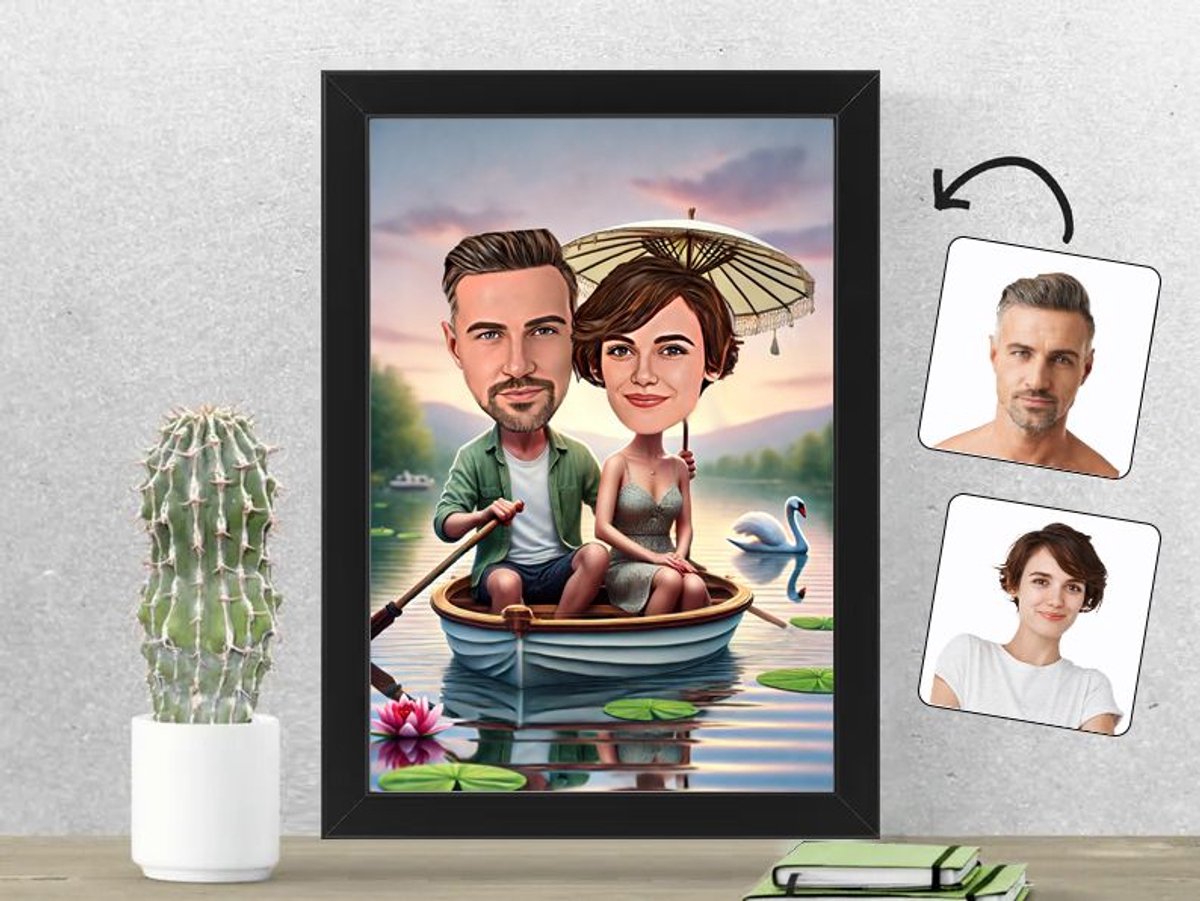 Boottocht bij Zonsondergang met Romantische Sfeer - Gepersonaliseerde Karikatuur Fotolijst 21x30 cm - Gepersonaliseerd Cadeau - Met Jouw Foto - Verjaardag - Kerst - Valentijn - Uniek en Handgemaakt - Cadeau - Huwelijk - Moederdag - Vaderdag -