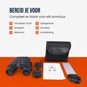 Zwarte BeerGear 12x25 verrekijker met draagtas, nekkord, lensdoppen en handleiding.
