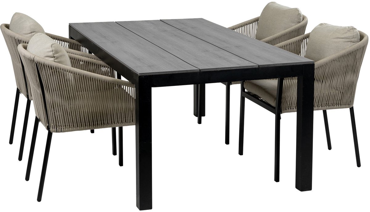 5-Delige zwarte tuinset met 4 Elvira tuinstoelen en grijze tuintafel Cyprus 180x100cm.