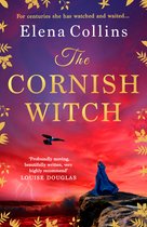 Boekomslag van 'The Cornish Witch' van Elena Collins, met een vrouw in een blauwe cape op een rots, bij zonsondergang.