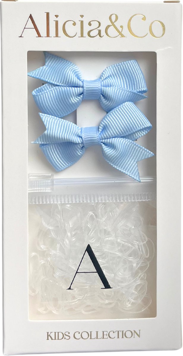 Alicia&Co – Tiny Tie & Bow Set – Blue Bird - Set van 2 kleine alligator haarclips en 1 zakje met kleine transparante haarelastiekjes - cadeau - kraamcadeau - haarspelden & clips - haarelastiekjes kind - haarspeldjes kind - haarspeldjes baby