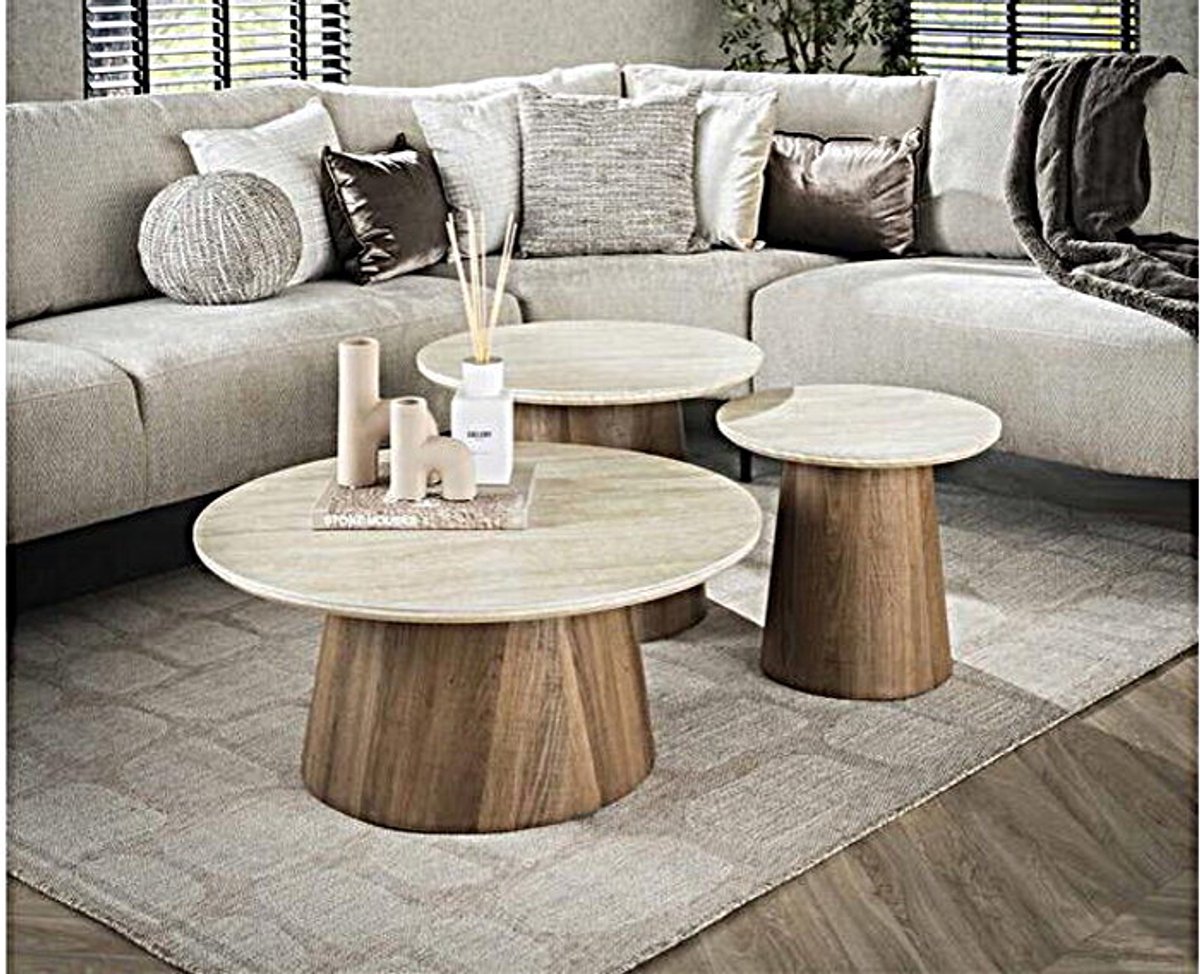 Meubelplaats Salontafel travertin keramiek set van 3 rond - Japandi - 80x80x35 cm Naturel