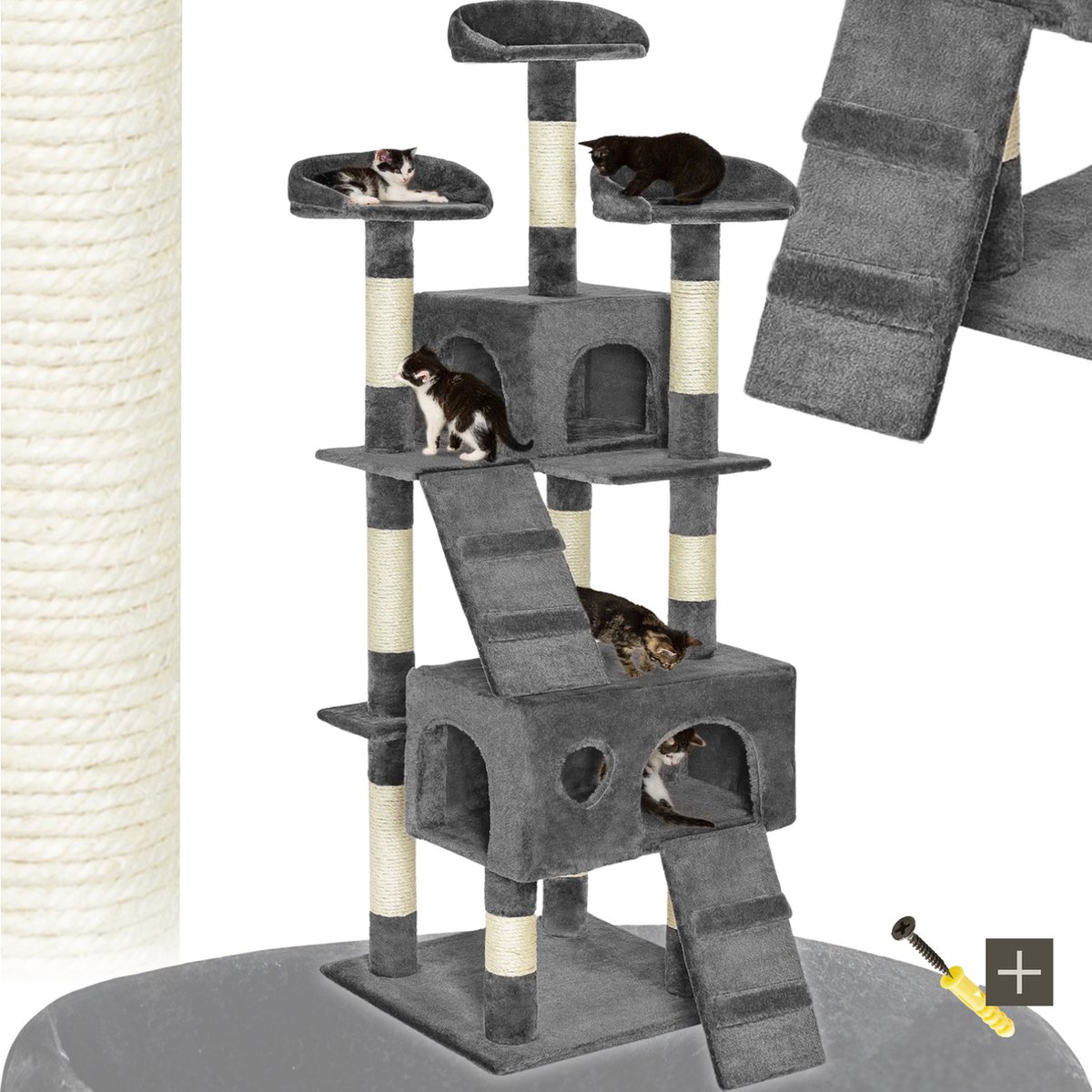 tectake® Kattenkrabpaal groot - Kattenboom met 3x sisal krabpaal en kattenaccessoires- 3x ligplaats en 1x kattenhuisje, 2x kattentrap - Middelhoog voor katten, kittens en katers - 170cm hoog - Grijs