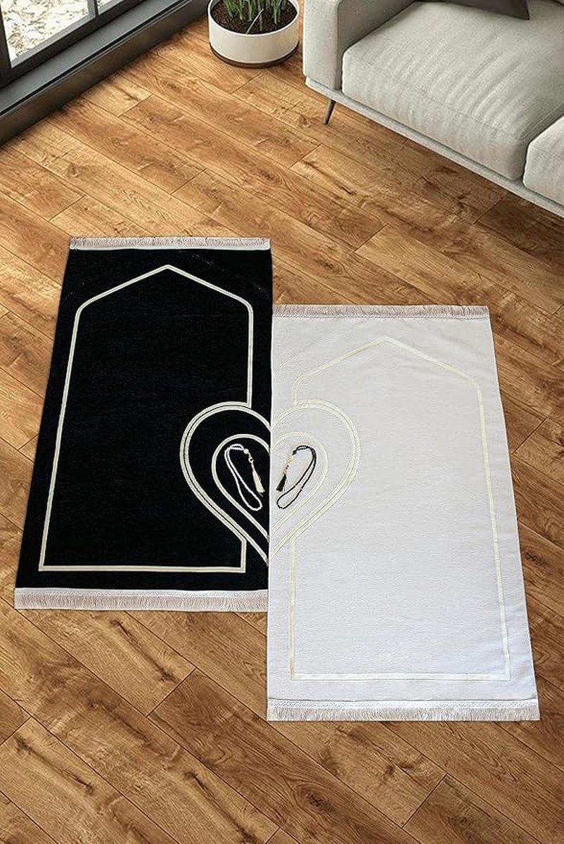 Ensemble de tapis de prière musulman pour couple, homme et femme, motif cœur, perles de prière, cadeaux islamiques pour le Ramadan, l'Aïd, la Saint- Valentin, boîte spéciale, 2 pièces dans une boîte