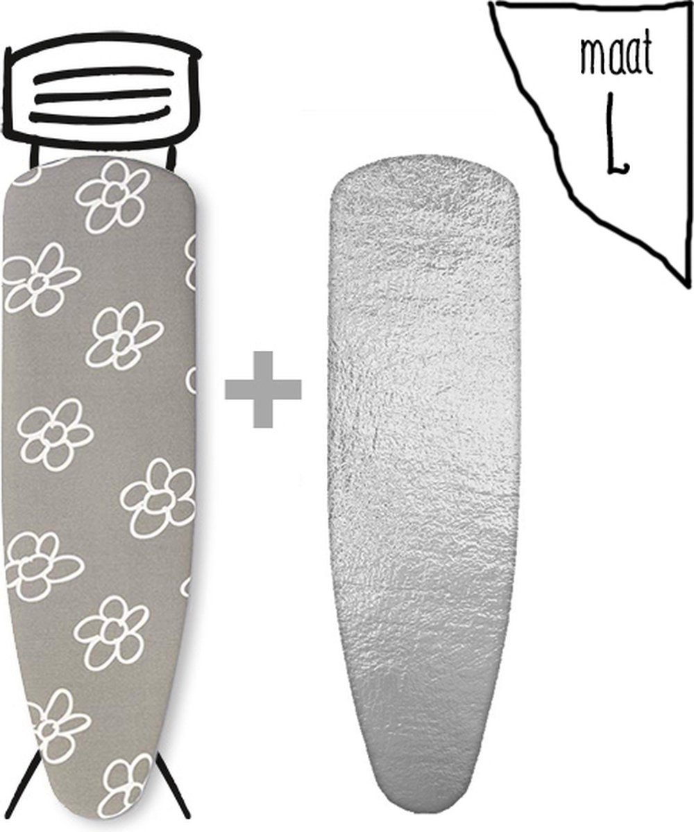 Leuke Strijkhoezen - Strijkhoes met een Stoom Molton onderlegger - Bloemen - Grijs - maat L - complete set