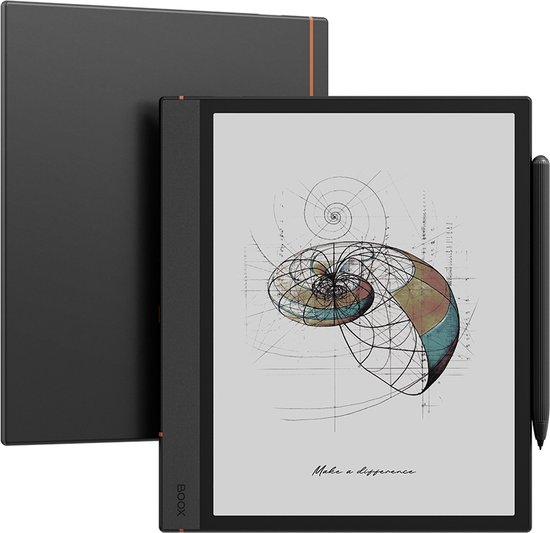 Zwart e-paper apparaat, met stylus aan de zijkant. Toont een schelp-achtige tekening en een open grijs hoesje.