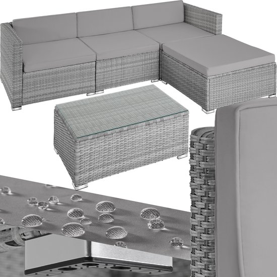 tectake® - wicker lounge inclusief zitkussens, rugkussens en glazen tafel, balkonmeubel, lounge tuinmeubelset voor terras, balkon of tuin - lichtgrijs/grijs - poly-rattan