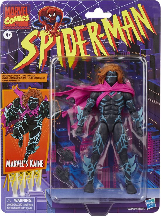 Verpakte actiefiguur Marvel's Kaine met oranje haar, zwart masker en roze cape. Zwart pak met blauwe lijnen.