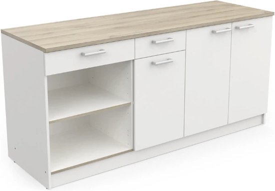 Witte keukenkast van 180cm met eikenhouten blad, lades, deuren en open planken.