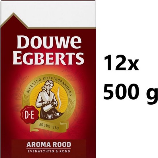 Douwe Egberts Aroma Rood koffiepak van 500 gram met een afbeelding van een vrouw die koffie schenkt.