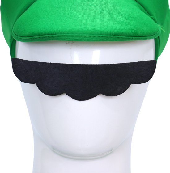 Groene pet met zwarte, gekartelde snor.