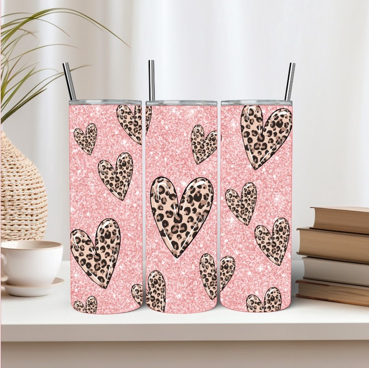 Tumbler 20oz - Drinkbeker met rietje Rvs - Isolatie Beker- Schoolbeker - Hartjes Panterprint
