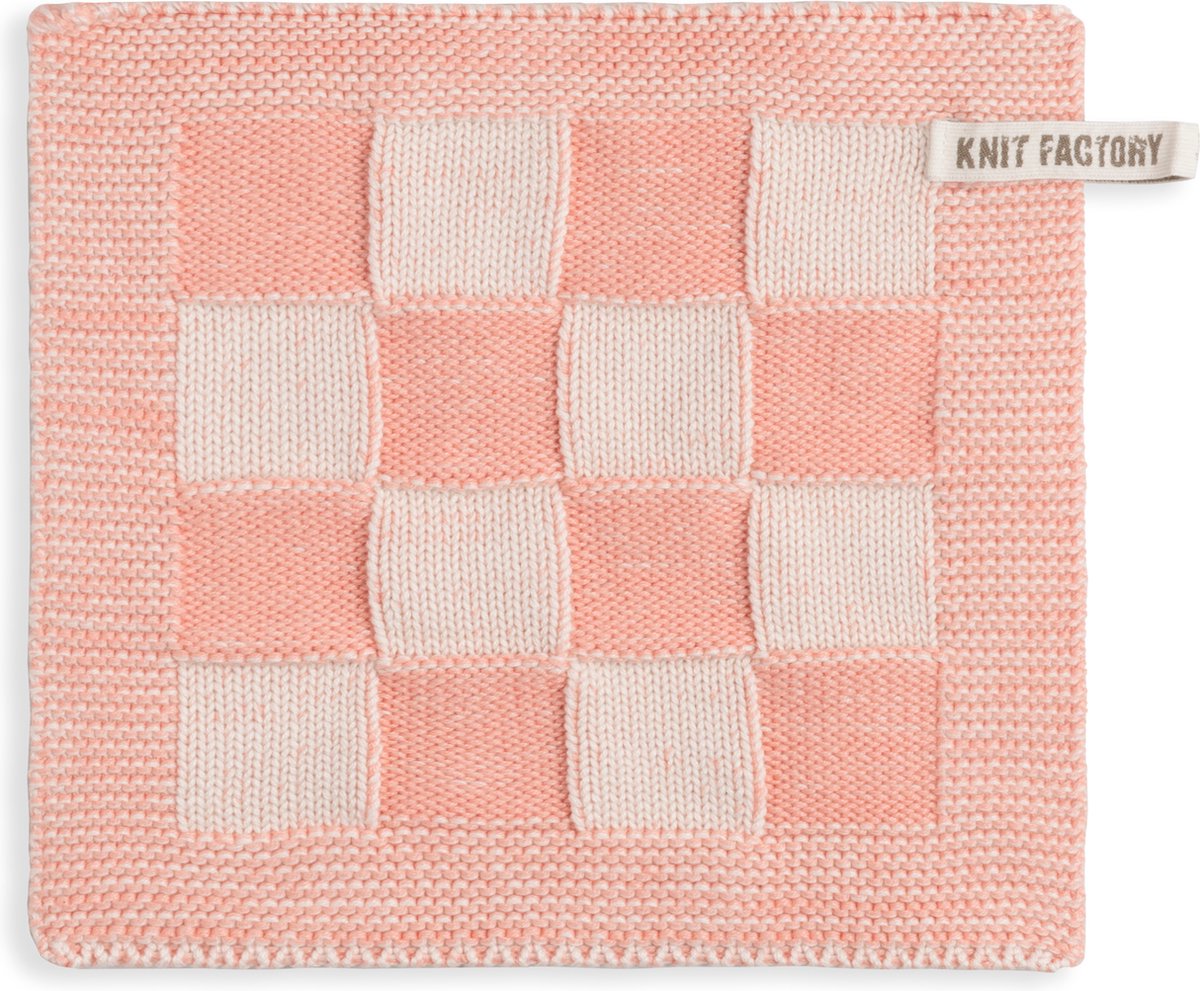 Knit Factory Gebreide Pannenlap Block - Pannenlappen gemaakt van 50% katoen & 50% acryl - Blokken motief - Traditionele look - 1 stuk - Ecru/Apricot - Roze - 23x23 cm
