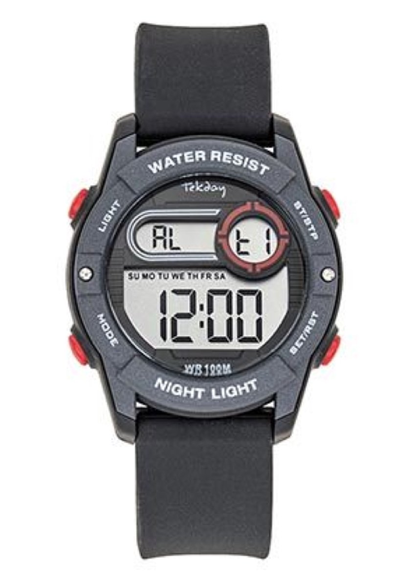 Tekday-Horloge-Digitaal-35MM-Alarm-Stopwatch-Timer-10ATM Waterdicht-Silicone band-Zwart-Grijs-Rood