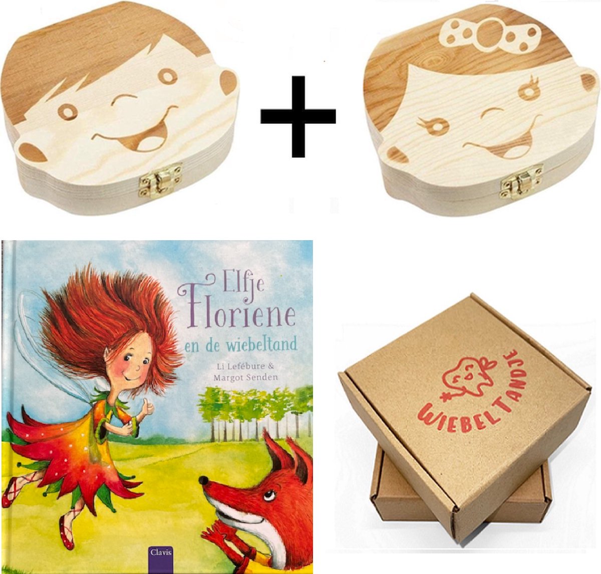 WiebelTandje Tanden Doosje SET Jongen en Meisje Hout met Elfje Floriene en de Wiebeltand Voorlees Prenten Kinder Boek - Houten Tandendoosje - Melktanden Bewaardoosje Voor Kinderen – Haarlokdoosje Hout – Kraamcadeau – Baby Geboorte Cadeau