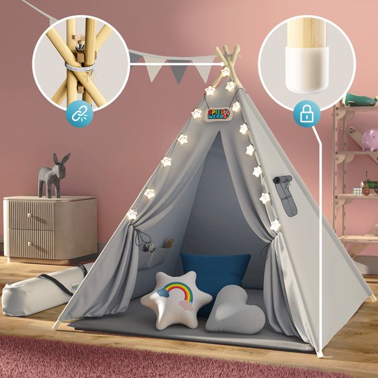 Spielwerk Speeltent – LED 3 Kussens 130x130x160cm - Grijs