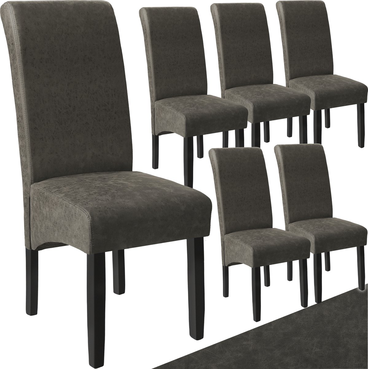tectake® Eetkamerstoel - Comfortabele kunstleren stoel met hoge rugleuning - Keukenstoel voor keukentafel - Gestoffeerde keukenstoel - Diverse kleuren en sets - Maximale belasting 120 kg - Afmeting (LxBxH) 44 x 63 x 106 cm - Set van 6 - Grijs