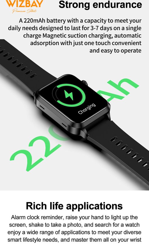 Zwarte smartwatch met zwart bandje in close-up, toont een groen laadicoon en de tekst 'Charging'.