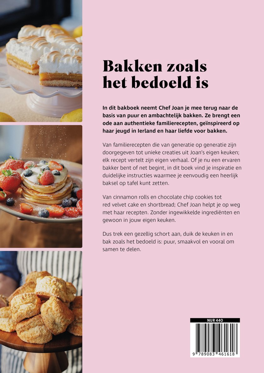 Luxe boek met recepten voor gebak, met afbeeldingen van citroenmeringuetaart, pannenkoeken en brood.